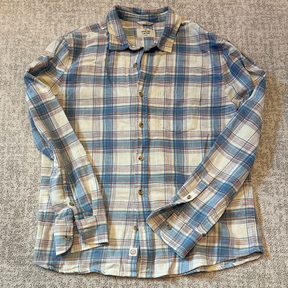 Marine Layer Stretch Selvage Plaid Button Down Shirt, Men Small